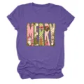 Violettes Damen Kurzarm T-Shirt mit Rundhalsausschnitt und süßem MERRY Weihnachtsmotiv. - S / Oberteile / Lila