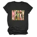 Damen Weihnachten Buchstabe Druck Kurzarm T-Shirt Lässig Süß Urlaub Rundhals Top - S / Oberteile / Schwarz