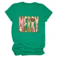 Damen gruenes Kurzarmshirt mit niedlichem rosa Weihnachtsmotiv Merry Druck fuer den Alltag. - S / Oberteile / Dunkelgrün