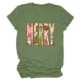 Damen Weihnachten Merry Grafik Kurzarm Rundhals T-Shirt Olivgrün Freizeit Casual Top - S / Oberteile / Olivgrün