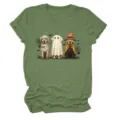 Women's green short sleeve t-shirt with cute Halloween dogs graphic crewneck top. - S / Tops / Olive Green (Black Letters Multicolor Graphic)
