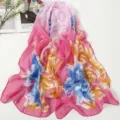 Detailed view of pink gradient floral chiffon scarf, elegant beach shawl summer wear. - Peony Red Purple
