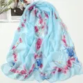 Light blue chiffon floral print scarf, elegant summer beach shawl for women stylish daily wear. - Rose Sky Blue