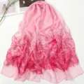 Pink floral chiffon scarf for women, elegant gradient beach shawl and sun protection wrap. - Plum Blossom Peach Red