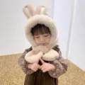Carino cappello e sciarpa con orecchie da coniglio in peluche, caldo berretto invernale. - Coniglio-Cachi