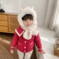 Set cappello sciarpa peluche per bambini carino e cardigan di maglia rosso per bambini. - Palco Beige