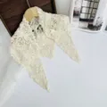 Elegant white lace hollow-out triangular scarf knit shawl, perfect for stylish spring travel outfits. - Five-Petal Flower Beige