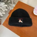 Black knit beanie for kids with cute puppy embroidery, thick and warm for autumn and winter. - Hat / Black