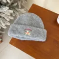 Grey knitted baby beanie hat with cute puppy embroidery, warm thick winter children cap. - Hat / Gray