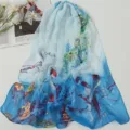 Blue gradient floral chiffon scarf, lightweight spring summer sun protection beach shawl. - Blue White Gradient Floral