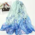 Gradient blue green floral chiffon scarf elegant women summer beach sun protection shawl. - Green White Blue Gradient Floral