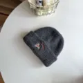 Dark grey knitted wool beanie hat for kids, cute puppy embroidered warm winter cap. - Hat / Dark Gray