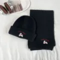 Kids black knit hat and scarf set with cute puppy embroidery, warm autumn winter wear. - Set / Black