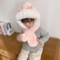 Set cappello sciarpa invernale in peluche per bambini carini con perle per neonati caldi. - Corna - Rosa