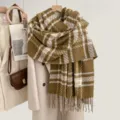 Cozy plaid imitation cashmere scarf with fringe, warm winter shawl for women daily commute. - Yellow-Green