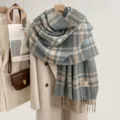 Blau beige kariert Schal Damenimitat Kaschmir dick warm Winter Pendler Schal weich gemütlich - Blaugrau