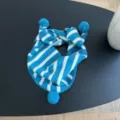 Kids blue white striped knitted scarf detail, soft warm winter baby neck warmer with pom pom. - Geometric Blue / Striped Pom-Pom Triangle Scarf - Blue