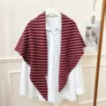 Knit striped triangle scarf for women, stylish cozy winter shawl and fashion office apparel accessory. - Dark Red White Stripe