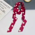 Detailed close-up view of the red heart-printed long skinny silk scarf neck ribbon accessory. - 5*200 Long Ribbon / Heart Wine Red