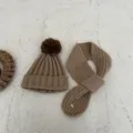 Children knit hat and scarf set, warm winter kids beanie and cute neck warmer brown - Pompom Hat And Scarf Set / Khaki