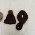 Kids brown knit beanie hat and scarf set, cozy winter warm pompom knitwear detail. - Pompom Hat And Scarf Set / Coffee