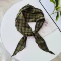 Vintage green plaid skinny scarf for women, elegant lightweight neck ribbon for spring summer. - Geometric Blue / Earth Green Plaid