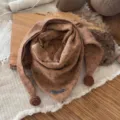Children warm autumn winter triangular scarf cute floral print bib with pom poms brown - Hook Ball Style / Red Dot Floral Caramel