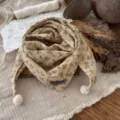 Cozy vintage floral kids triangle scarf with cute pom-poms, perfect autumn winter warmth. - Hook Ball Style / Red Dot Floral Light Khaki