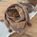 Thick windproof kids triangular scarf, warm baby shawl and cute pom pom winter neck warmer. - Hook Ball Style / Black Floral Khaki
