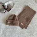 Brown knit hat and scarf set for kids, cute dog embroidery winter warm two-piece set. - Set / Mocha