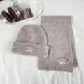 Kids grey knit beanie and scarf set with cute puppy embroidery for autumn winter warmth. - Set / Khaki