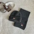 Kids dark gray knit hat and scarf set with cute dog embroidery, warm winter accessories. - Set / Dark Gray