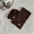 Kids brown knit hat and scarf set with cute puppy embroidery, warm winter 2-piece set. - Set / Coffee