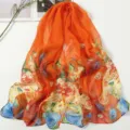 Women spring summer floral print chiffon scarf elegant beach wrap shawl fashion accessory - Peacock Orange