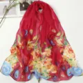 Women red chiffon floral print scarf summer lightweight sun protection fashion shawl beach wrap - Peacock Date Red