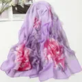 Summer women's purple chiffon floral print scarf elegant beach shawl lightweight fashion wrap - Large Purple Peony
