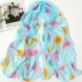 Light blue chiffon scarf with colorful ginkgo leaf print, stylish spring summer shawl. - Maple Leaf Sky Blue