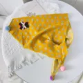 Yellow cotton linen kids triangle scarf with cute rabbit print and colorful pom poms detail - Rabbit Ginger Yellow