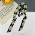 Elegante sciarpa lunga in seta con motivo argyle nastro foulard accessorio moda donna. - Blocco Colore Rombo Nero Cachi