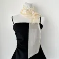Chiffon narrow scarf with white butterfly embroidery, elegant long ribbon neckerchief accessory. - Three Butterfly Scarf - Beige