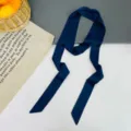 Solid Color Skinny Silk Scarf Elegant Twilly Ribbon for Bag Handle Hair Band Neckerchief - Navy Blue