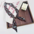 Retro floral long silk scarf neckerchief with decorative buckle for women fashion daily wear - Blue Floral Brown Base