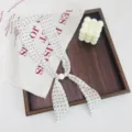 White polka dot skinny scarf with bead ring, artistic retro neckerchief accessory for women. - White Polka Dot