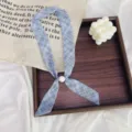 Blue plaid neck scarf with pearl bead detail, elegant literary style accessory for women. - Sky Blue Line Plaid