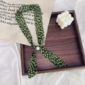 Vintage polka dot skinny scarf with pearl necklace accessory for women elegant green neckerchief. - Beige Polka Dot Green Base