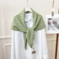 Green and white striped knitted triangle scarf shawl office autumn fashion warm clothing decor - Green Gray Stripe