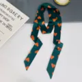 Green and orange heart pattern skinny silk scarf, versatile hair band and neckerchief for women. - 5*200 Long Ribbon / Heart Dark Green