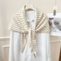 Striped knitted triangular scarf shawl detail, elegant office commuting autumn warm accessory. - Beige Khaki Stripe