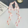 Korean style slim decorative ribbon scarf featuring a sweet flamingo print for versatile styling. - Flamingo Pink White
