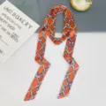 Korean style spring summer thin decorative silk scarf ribbon elegant floral print neckerchief - Chain Orange
